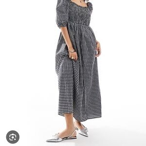 ASOS Gingham Shirred Midi Dress 10 Flannel Feel Black White Long Sleeve